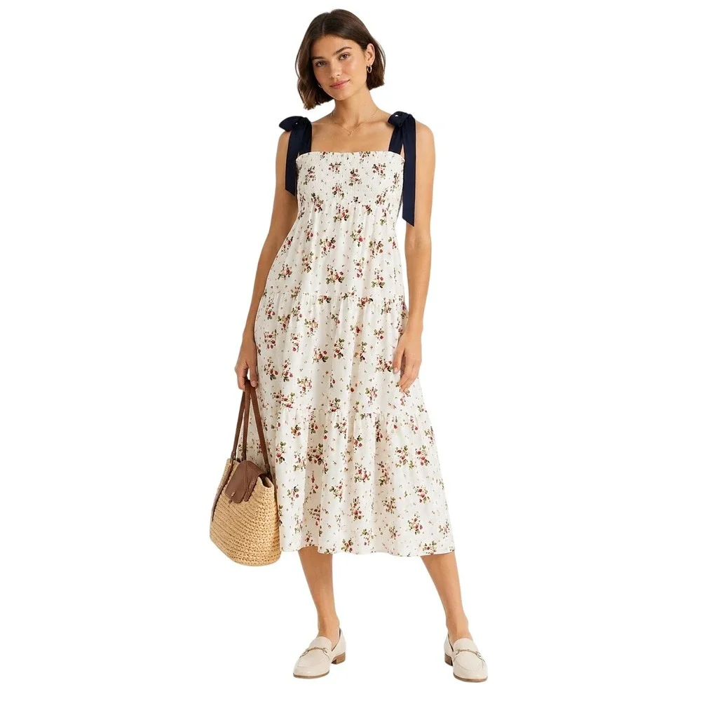J.Crew Tie Shoulder Smocked Floral Midi Dress S Cottagecore Coquette Preppy